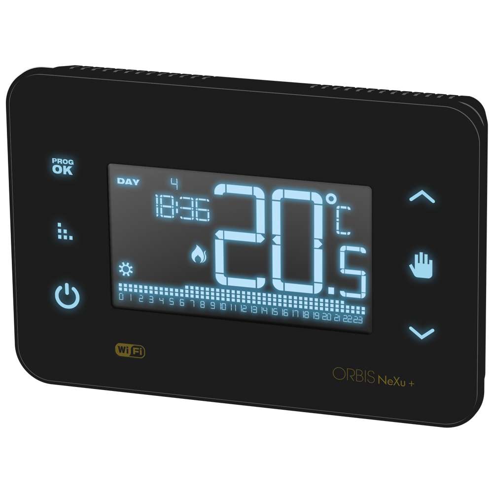 NEXU+ WiFi NERO-BIANCO Da incasso Cronotermostato digitale da parete comunicazione WiFi, programmazione settimanale, alim. 230V – ORBIS OB327410/OB327400